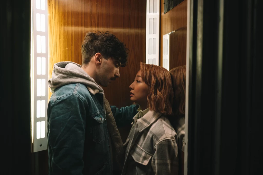 Man and woman in an elevator
